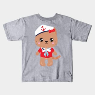 Sailor Cat, Sailor Hat, Boat Captain, Brown Cat Kids T-Shirt